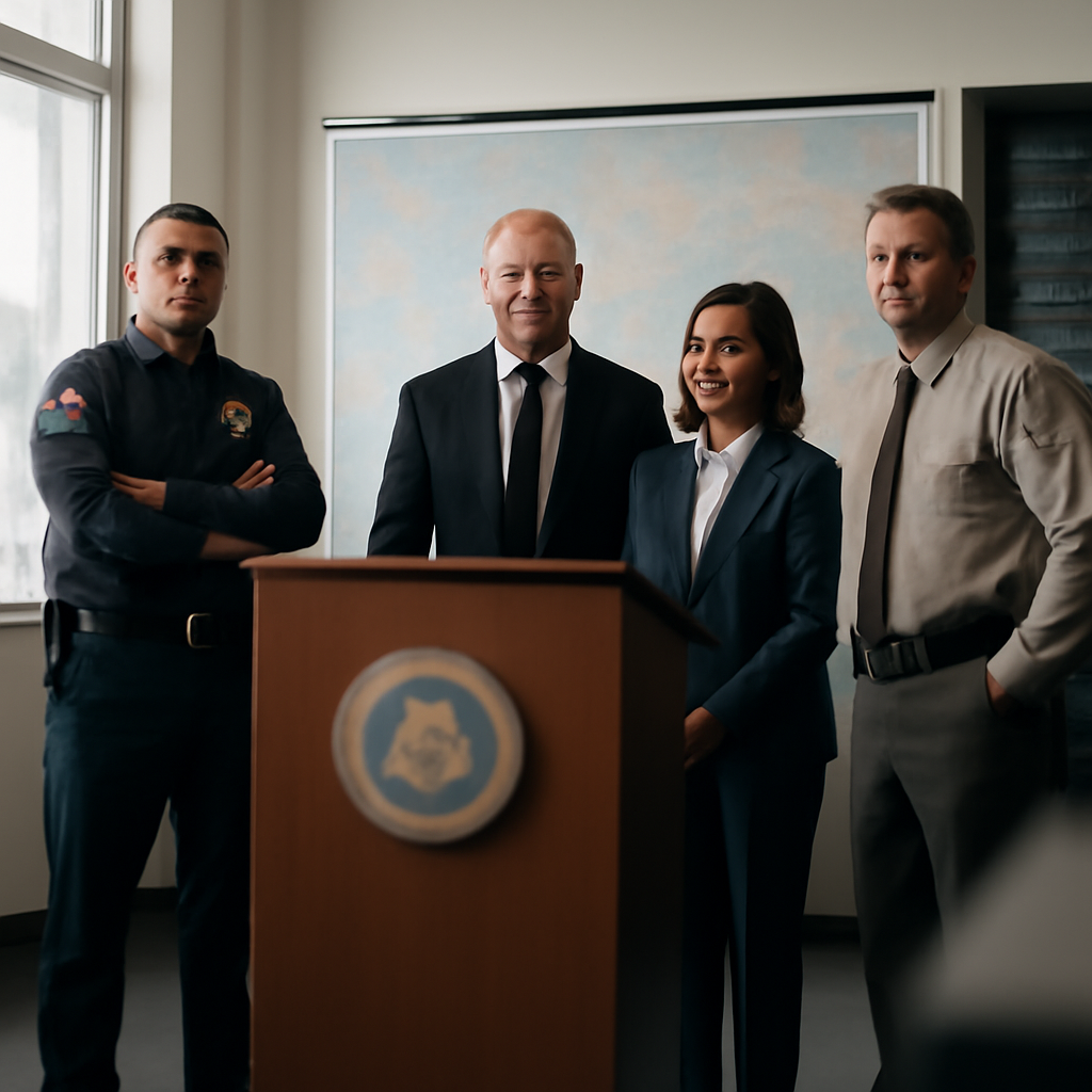 Law enforcement officials gather around a podium in a brightly lit briefing room with a large screen and computer equipment…