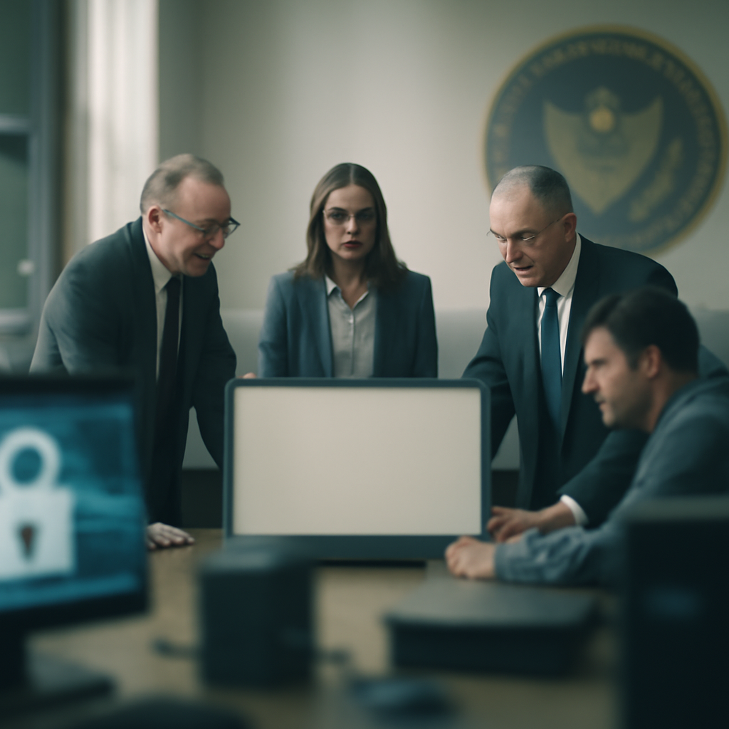 Professionals gather around a large screen in a secure setting, surrounded by blurred computer equipment and cybersecurity…
