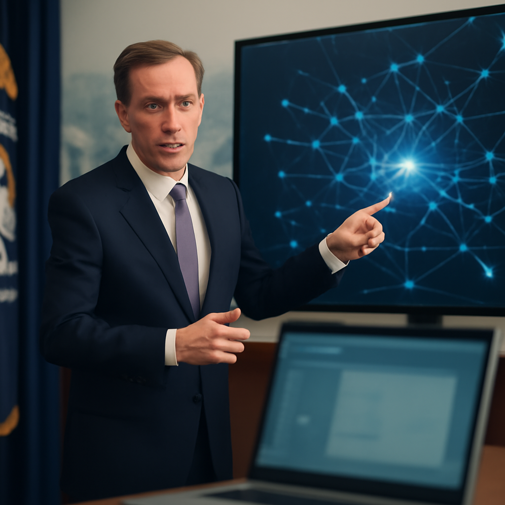 Government representative stands in briefing room with blurred map and computer screen.