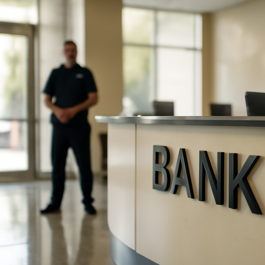 Bank lobby with blurred employee in background, flooded with natural daylight through large window or glass door.