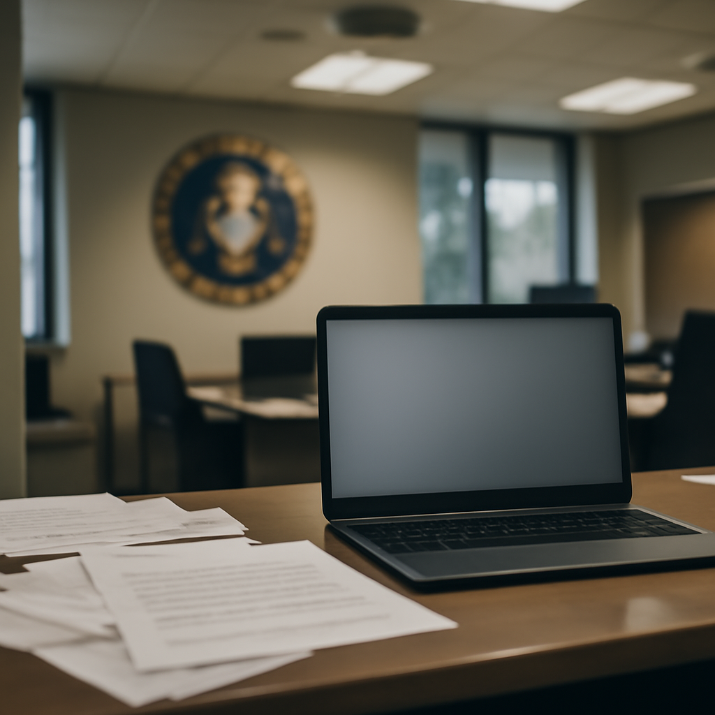 Federal agency office interior with computer workstation and scattered documents.