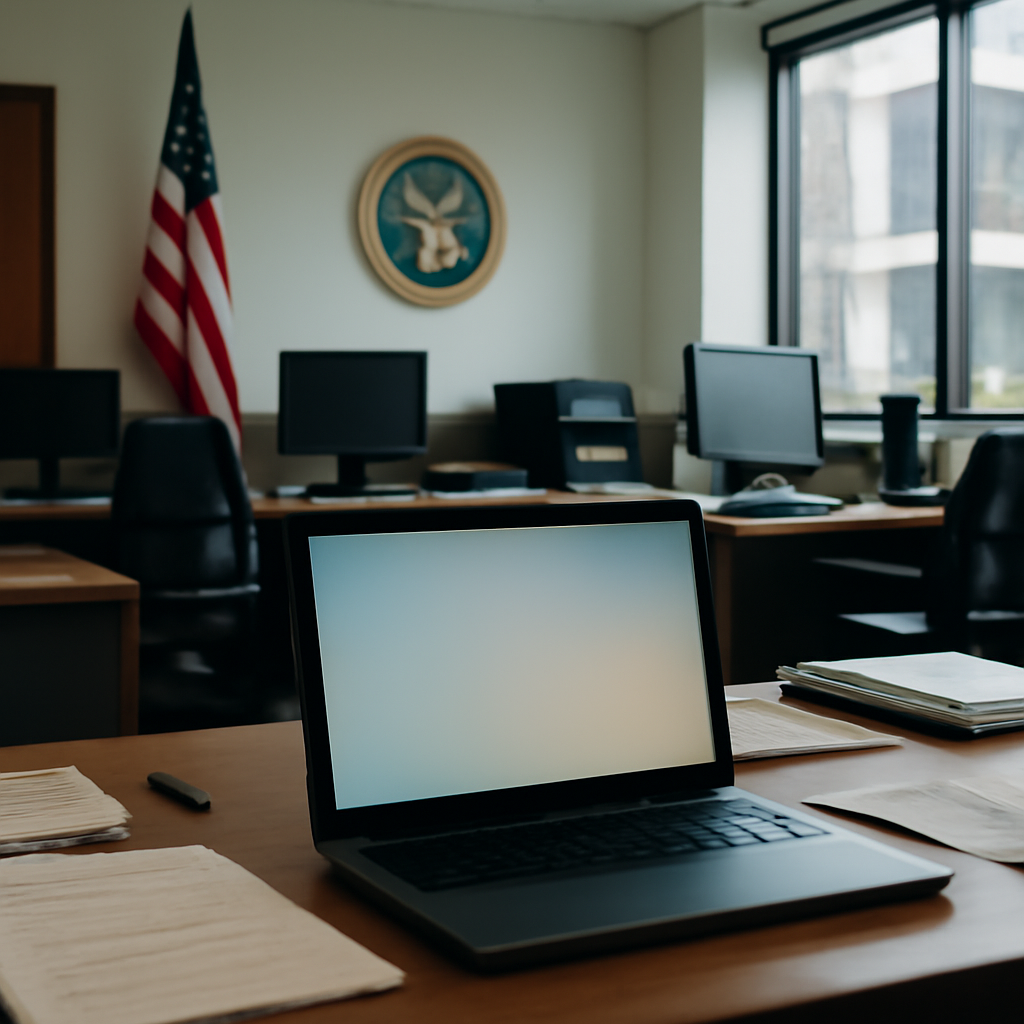 Federal agency office interior with computer workstations and empty laptop on a desk.