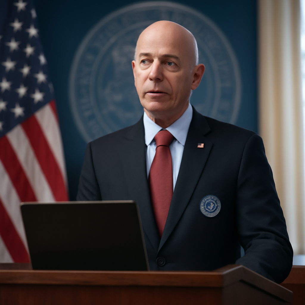 US Department of Homeland Security official speaks at podium with blurred laptop screen.