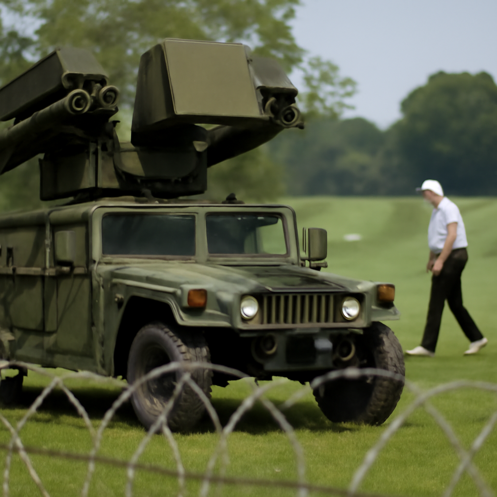 Military air defense system on golf course with President Trump in background.