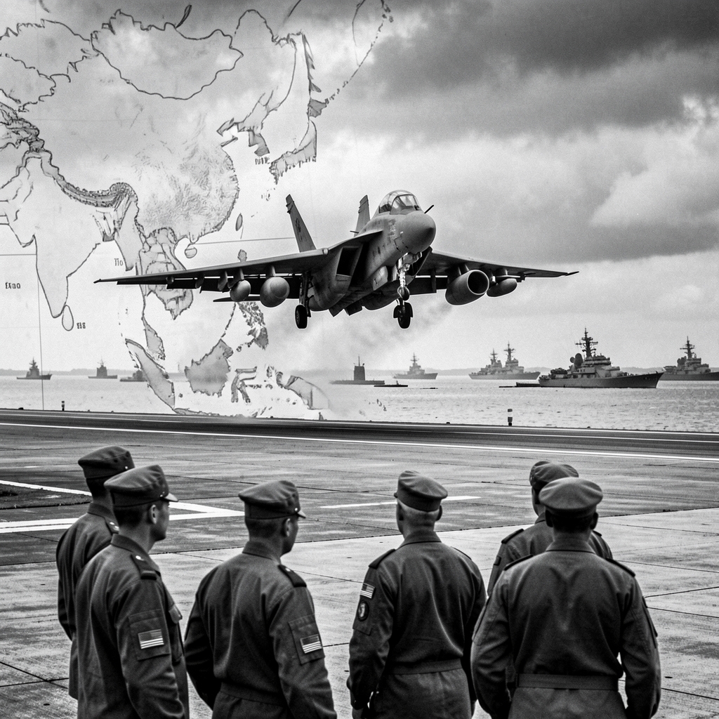 Military aircraft takes off with personnel in uniform standing by, set against Asian map backdrop.