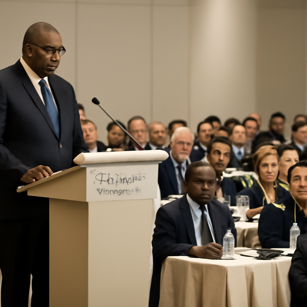 Defense Secretary speaks at podium in formal conference setting surrounded by international delegates.