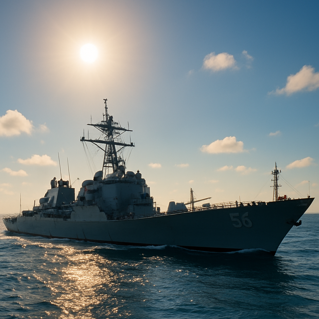 US Navy warship escorts commercial tanker through Strait of Hormuz under clear blue sky.