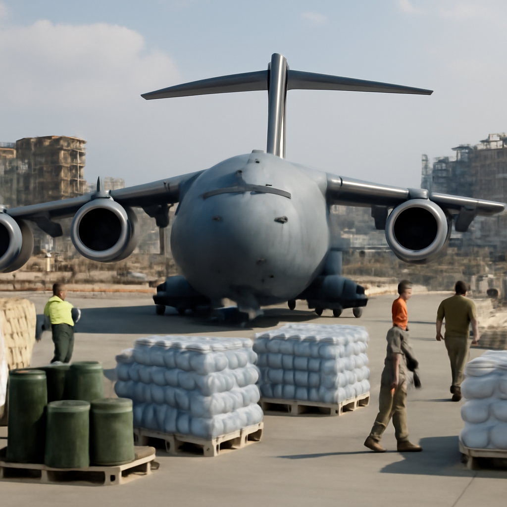 C-17 cargo jet surrounded by relief equipment and personnel on a runway amidst devastated infrastructure.