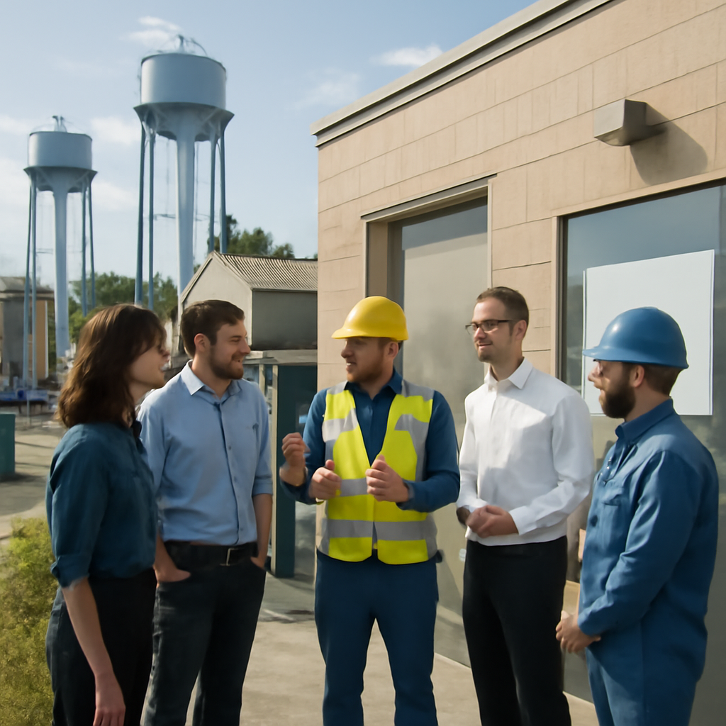 People in business attire and utility workers stand in front of a small water treatment plant with industrial equipment.