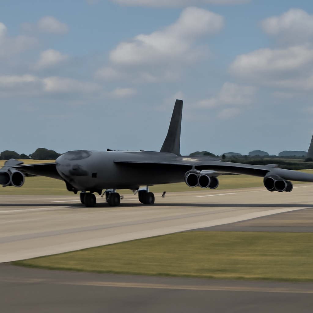 B-52 bombers on runway at RAF Fairford, some taking off, others taxiing or parked in distance.