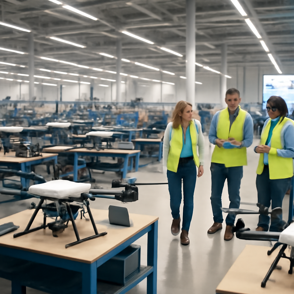 Drone manufacturing facility with workers and various drone models in assembly.