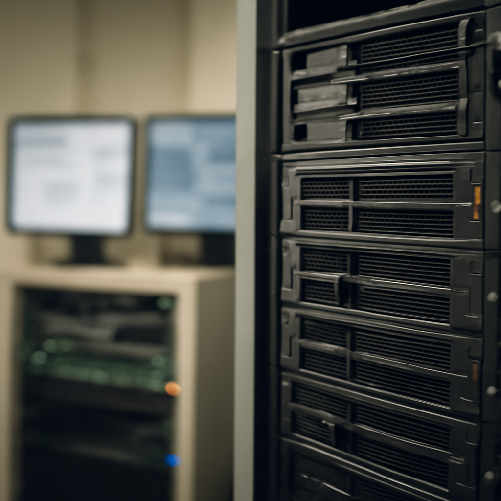 Blurred screens and interfaces surround a prominent computer server in a dimly lit data center, conveying vulnerability.