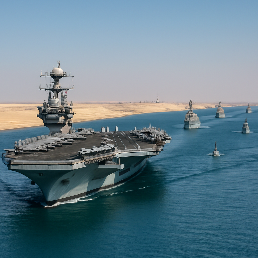 US naval ships, including an aircraft carrier, transit the Suez Canal northbound under clear skies.