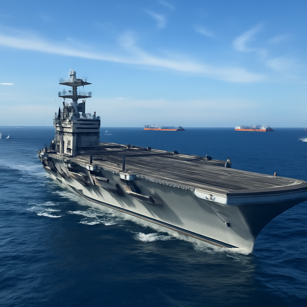 US Navy aircraft carrier underway in open ocean with surrounding ships and vessels.