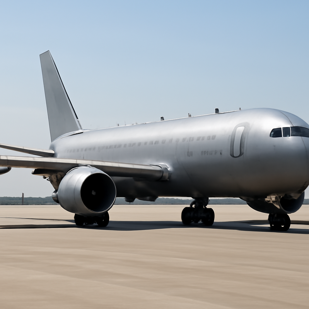 Military refueling tanker on a runway with international team in distance.