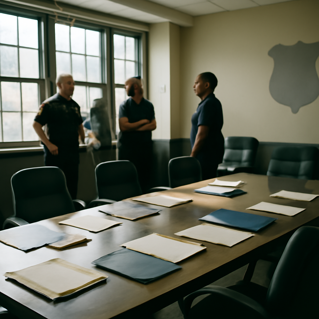 Law enforcement officers in a briefing room with scattered documents and natural daylight from tall windows.