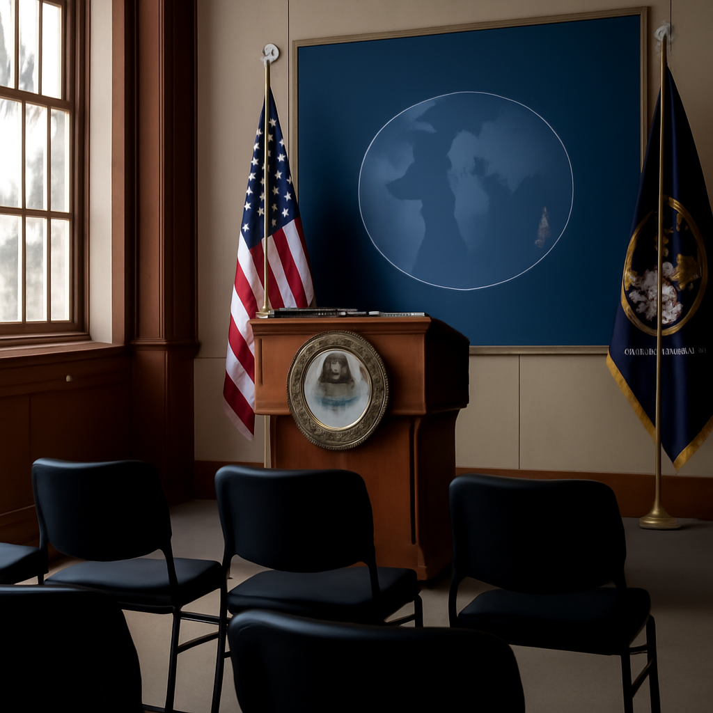 Empty US Department of Justice briefing room with podium and chairs in daylight.