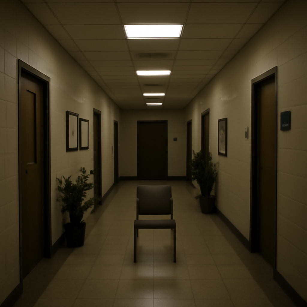 Dimly lit hallway with offices, lined with plants and framed documents.