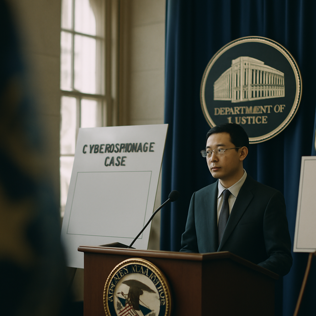 US Department of Justice officials gather in a government building to address a cyberespionage case.