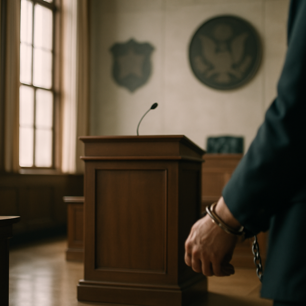 Formal government setting with podium and judicial backdrop, lit by daylight and abstract shapes.