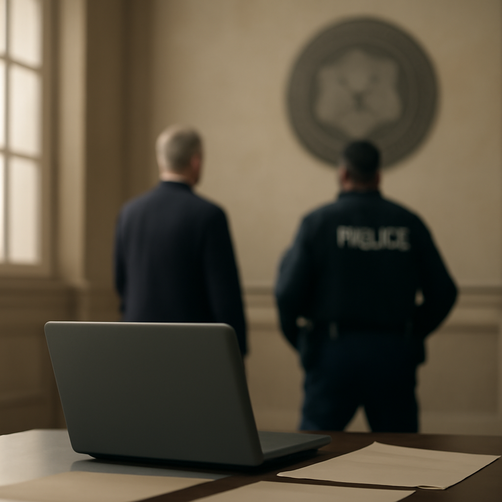 Federal courthouse interior with subtle law enforcement presence.