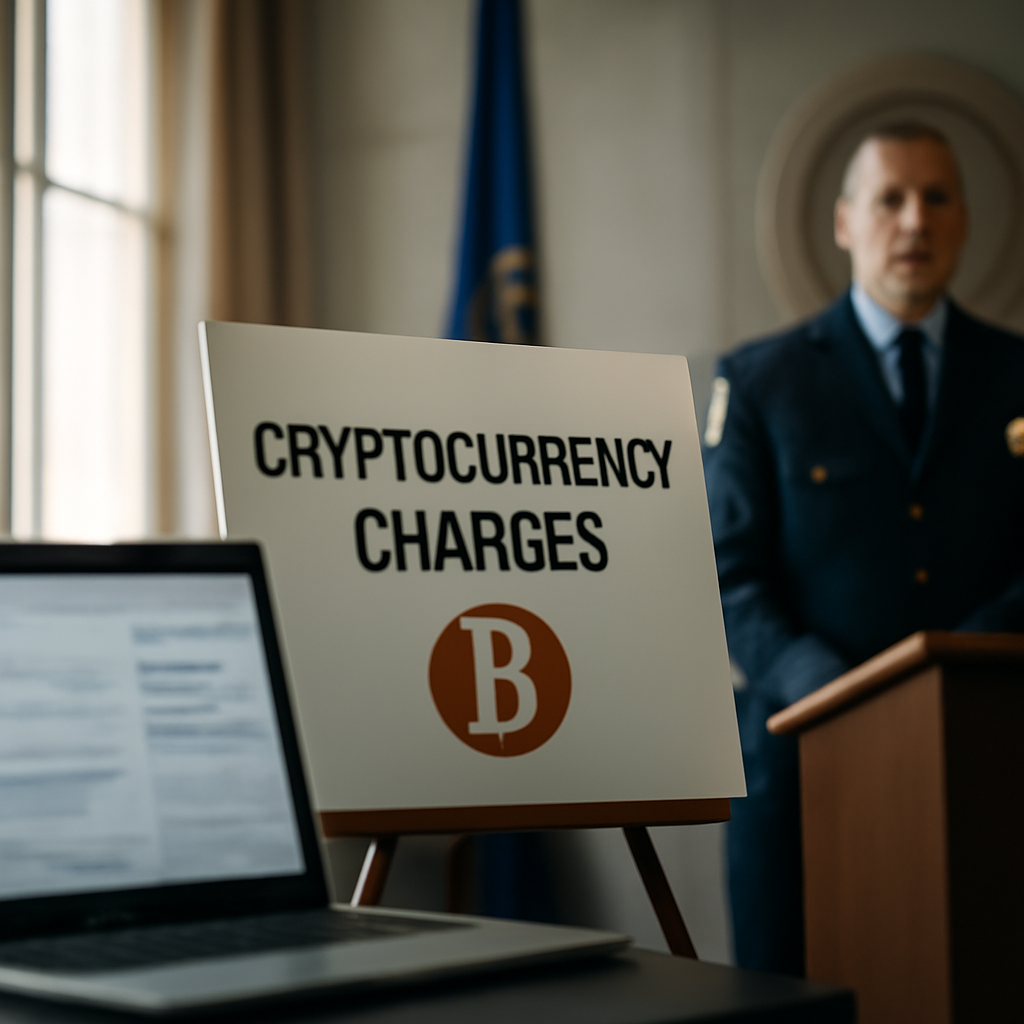 US officials stand in a government building, enforcing cryptocurrency charges.