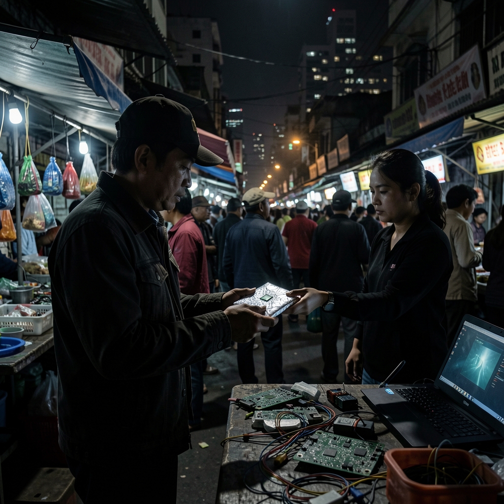 Person in dark clothing secretly exchanging microchip package in crowded Southeast Asian street market at night.