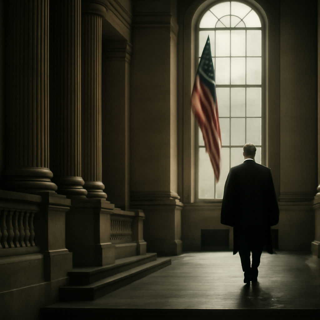 Courthouse scene with American flag in background and blurred figure walking.