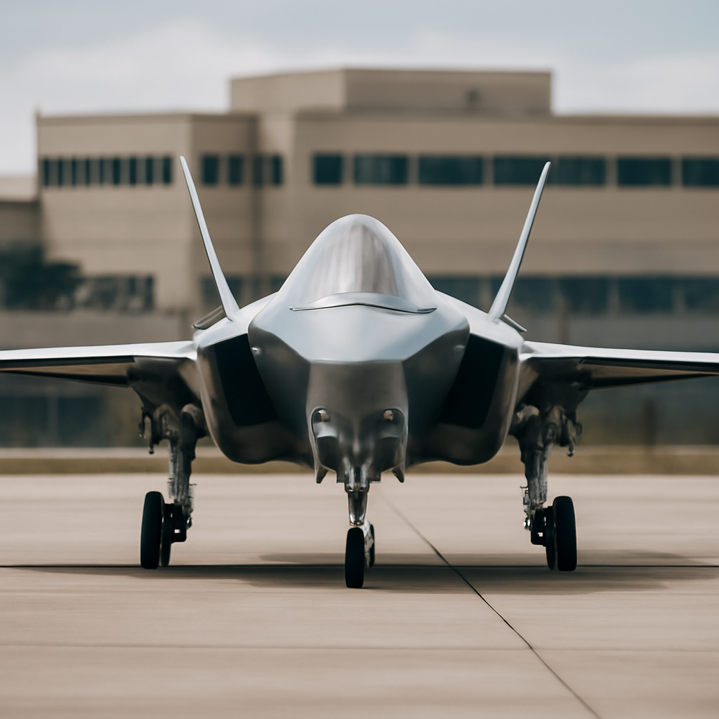 Sleek military aircraft centered on a runway with blurred background.