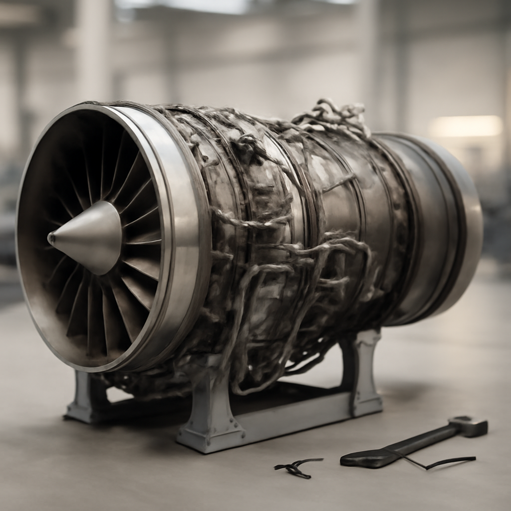GE F110 turbofan engine sits on industrial surface in softly lit facility.