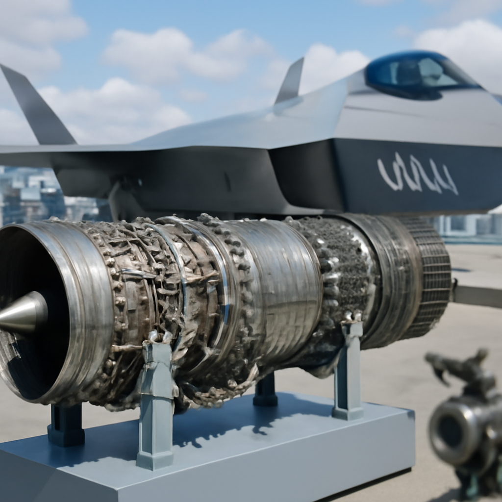 Polished jet engine on display stand at aerospace exhibition with fighter jet in background.