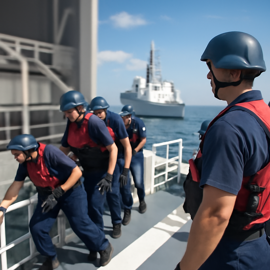 Coast Guard boarding party on a vessel in the Gulf of Mexico with a second ship nearby.