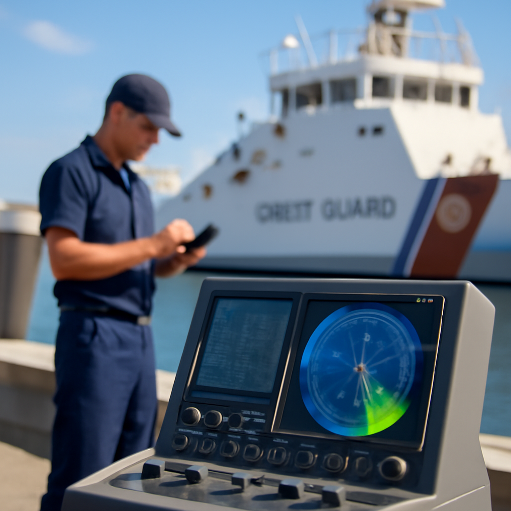 US Coast Guard personnel monitor sonar console at dockside facility overlooking ocean.