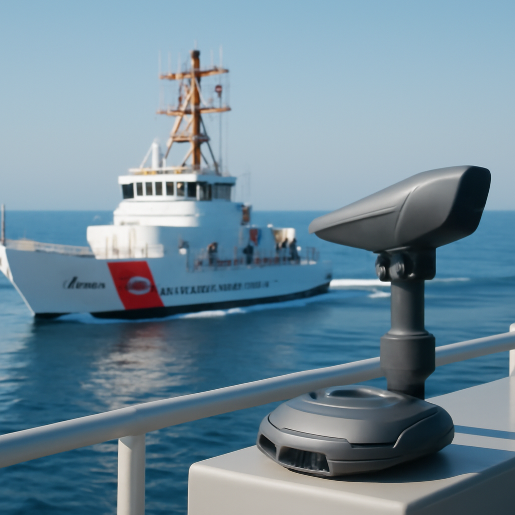 US Coast Guard vessel underway with advanced technology equipment in background.