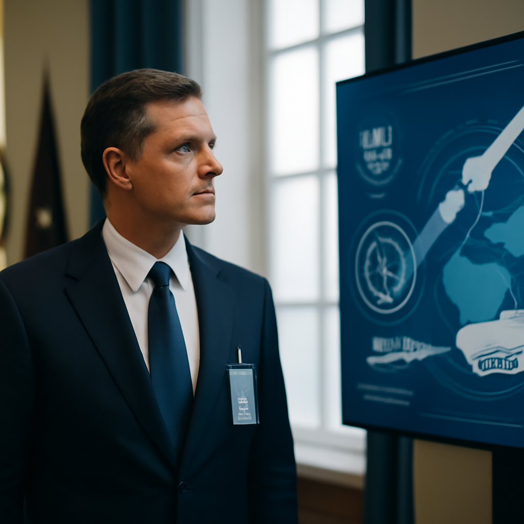 Government official examines defense-related display in formal briefing room.