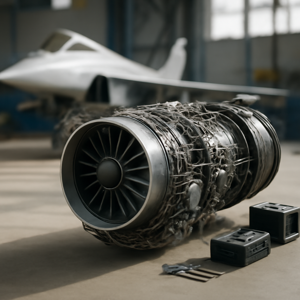 Fighter jet engine centered on a neutral surface with tools nearby and blurred aircraft in background.