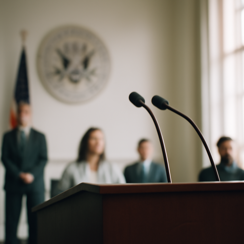Formal government podium in a briefing room with a subtle seal or emblem and soft daylight from tall windows.