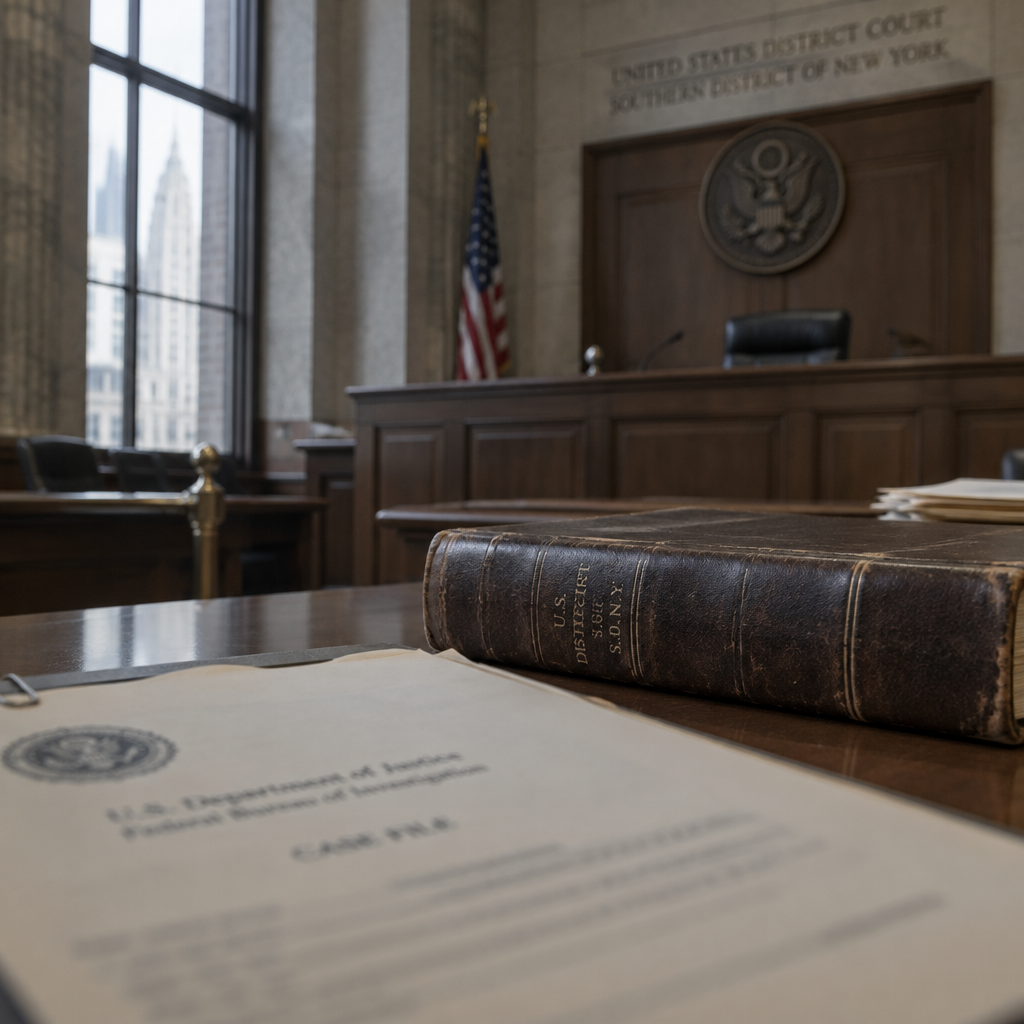 Federal court interior with judge's bench in background and blurred government document in foreground.