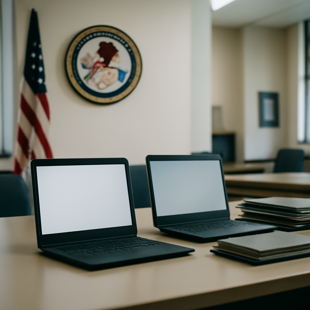 US government office with row of laptops, hinting at tech industry crackdown.