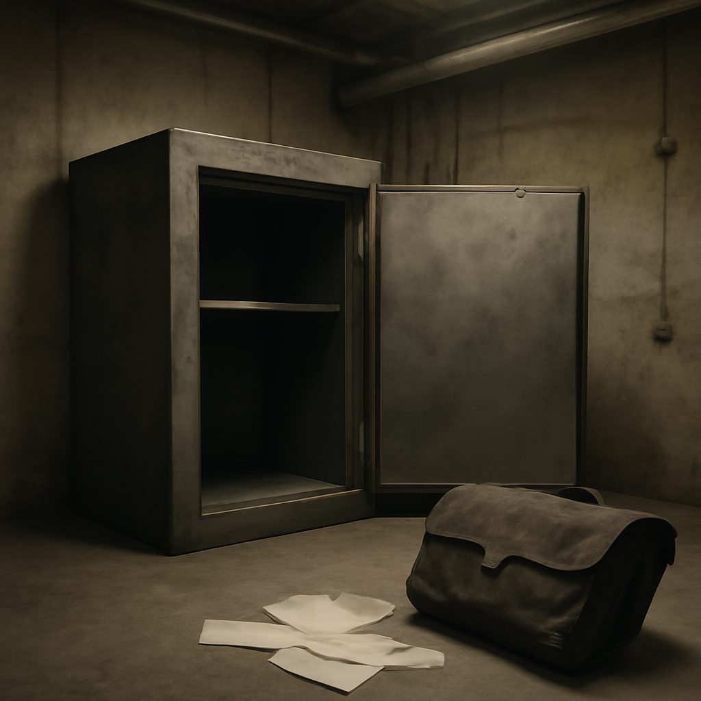 A dimly lit industrial room with a slightly ajar metal cabinet and a worn leather briefcase nearby.