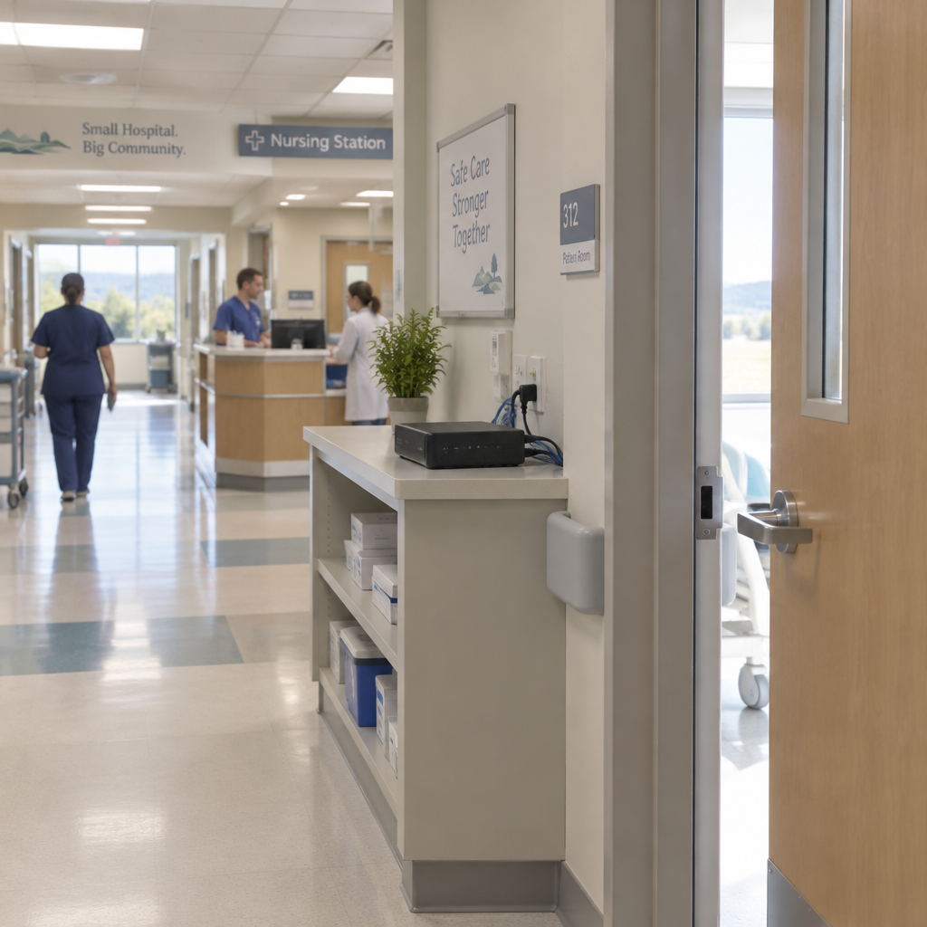 Rural hospital corridor with staff and security device on shelf.