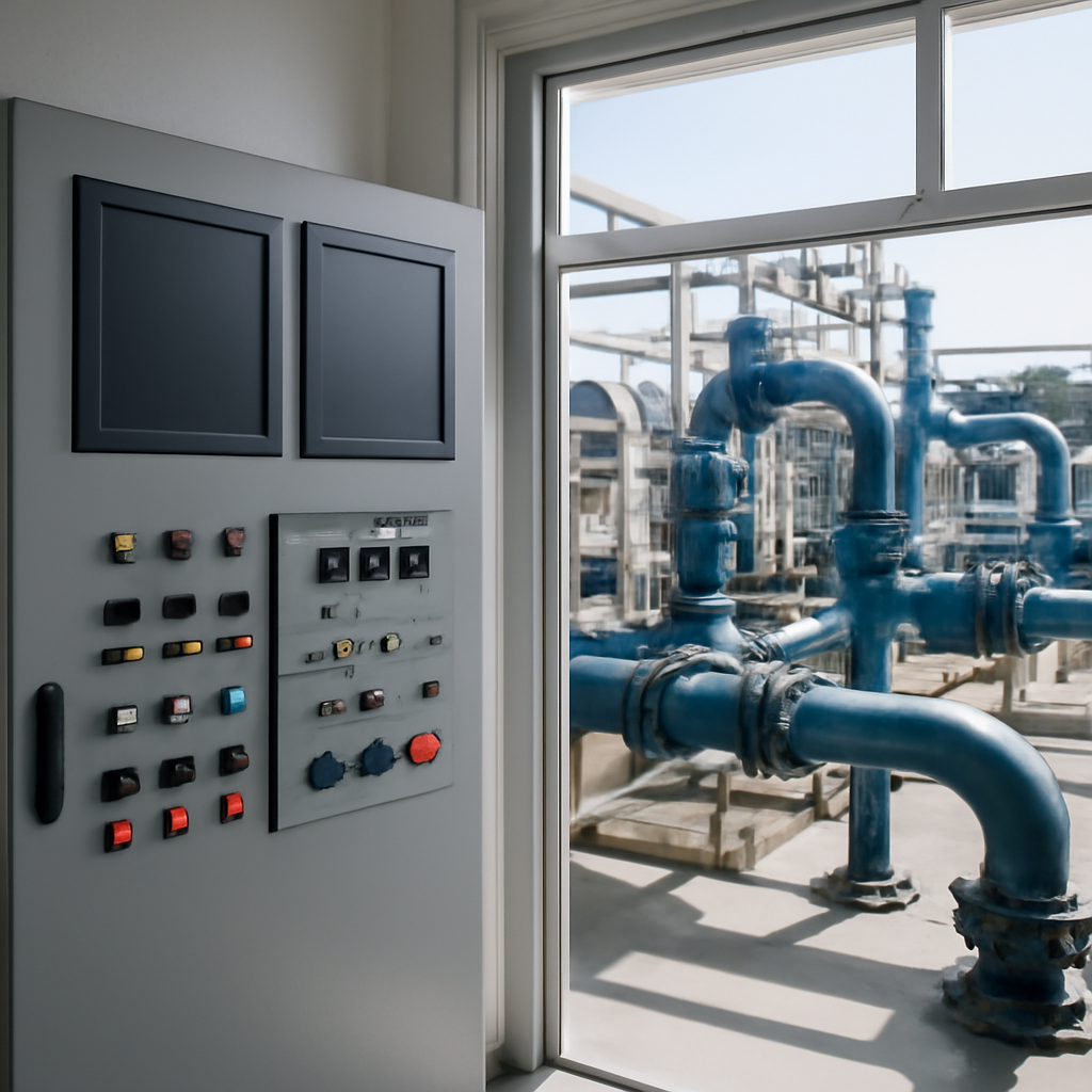 Water treatment plant control room with industrial systems and equipment.