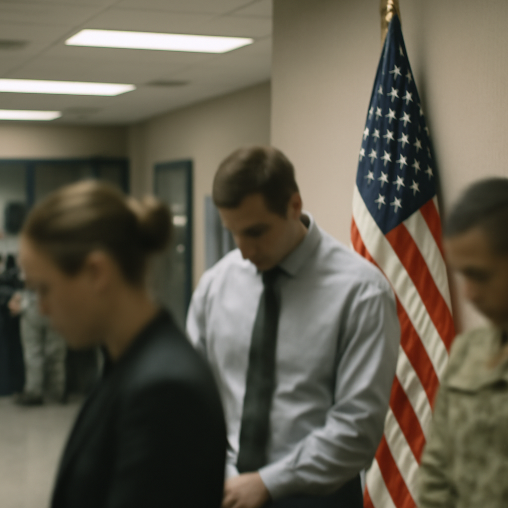 Somber scene of a US government building with muted colors and subtle tech hints.