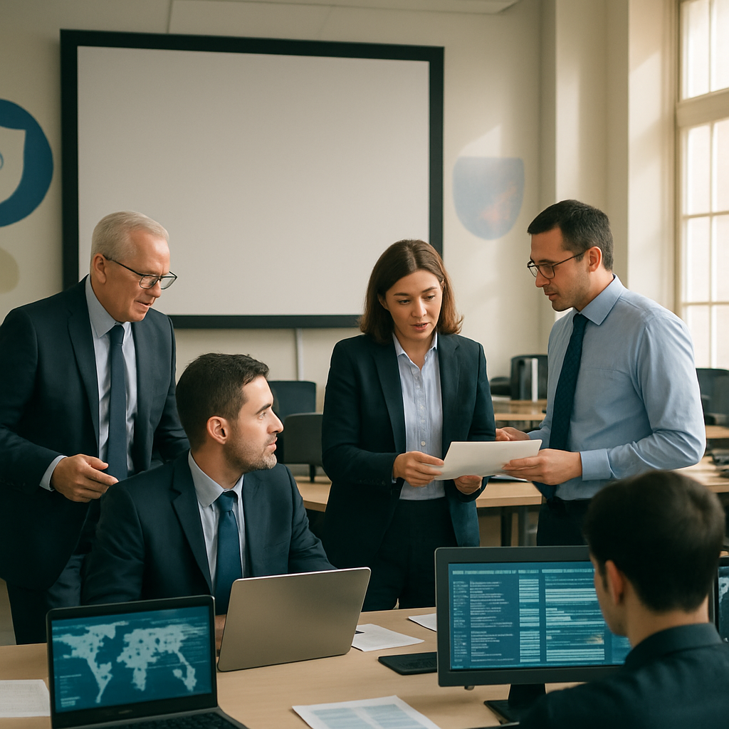 Cybersecurity officials and analysts work together in a brightly-lit operations room surrounded by computer terminals and…