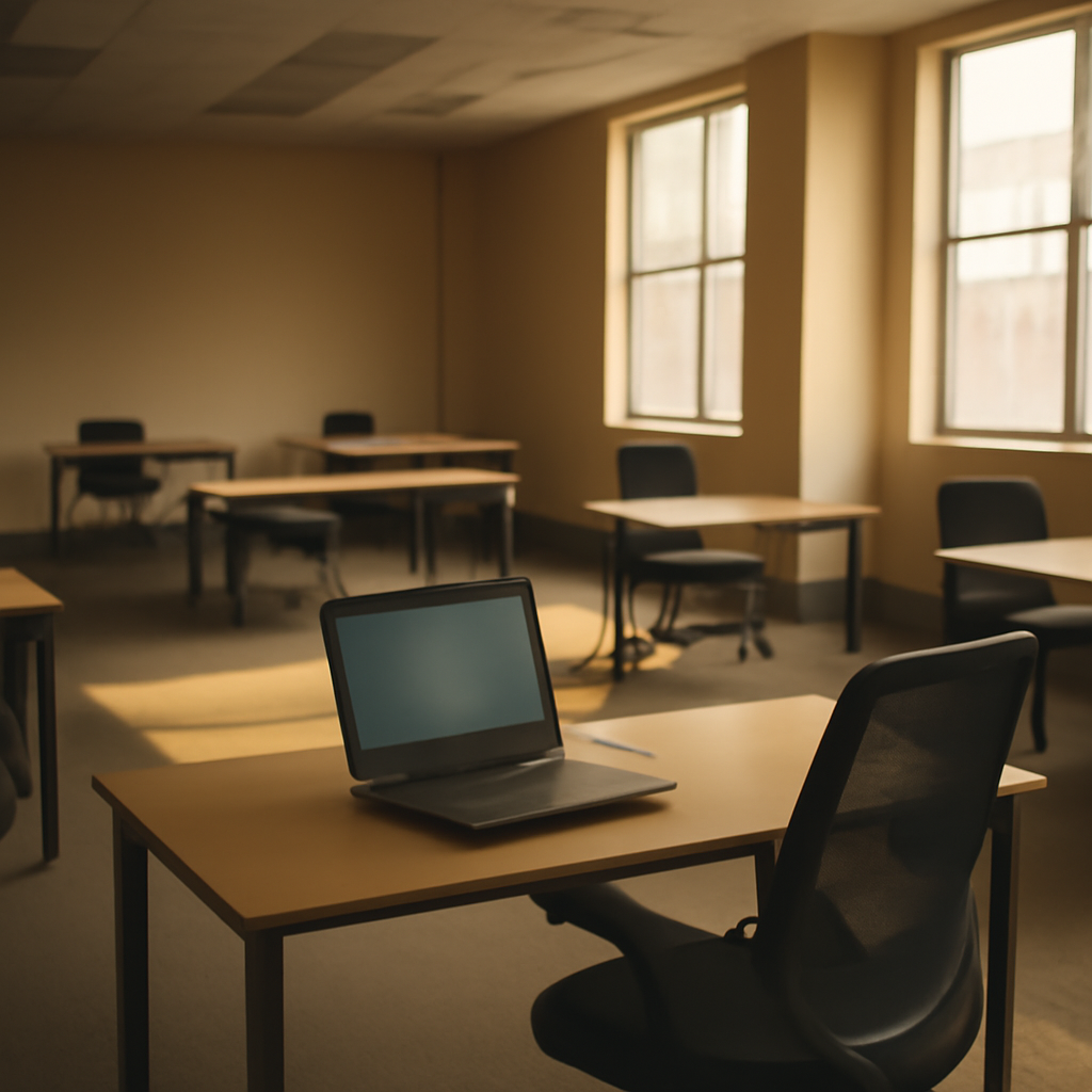 Empty office space with scattered desks, chairs, and a laptop near a sunny window.