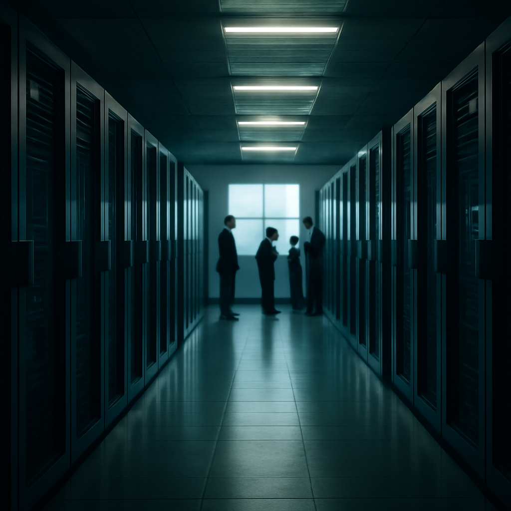 Dimly lit datacenter hallway with server racks and maintenance personnel in the distance, under flickering fluorescent…