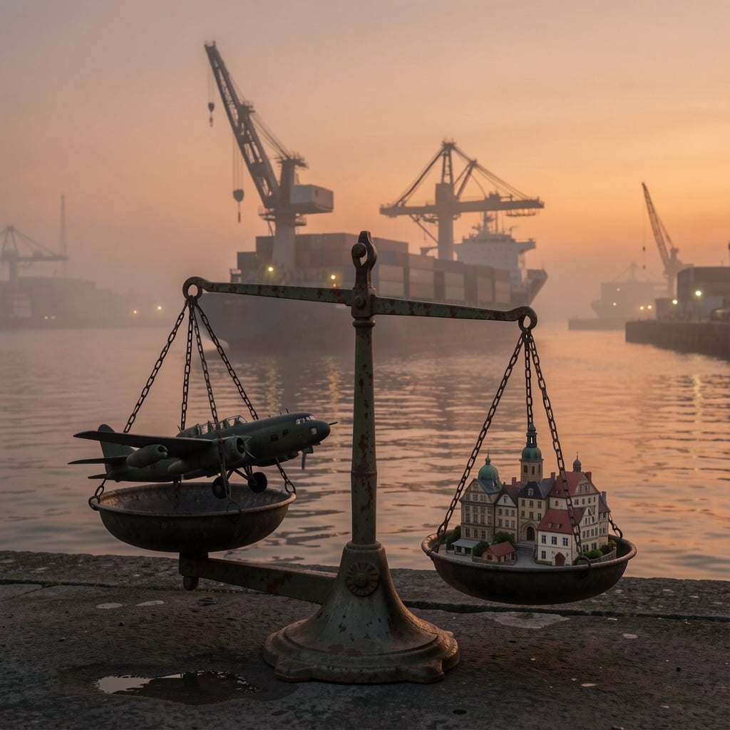 Military cargo ship in harbour with balance scale and aircraft figurine in foreground.