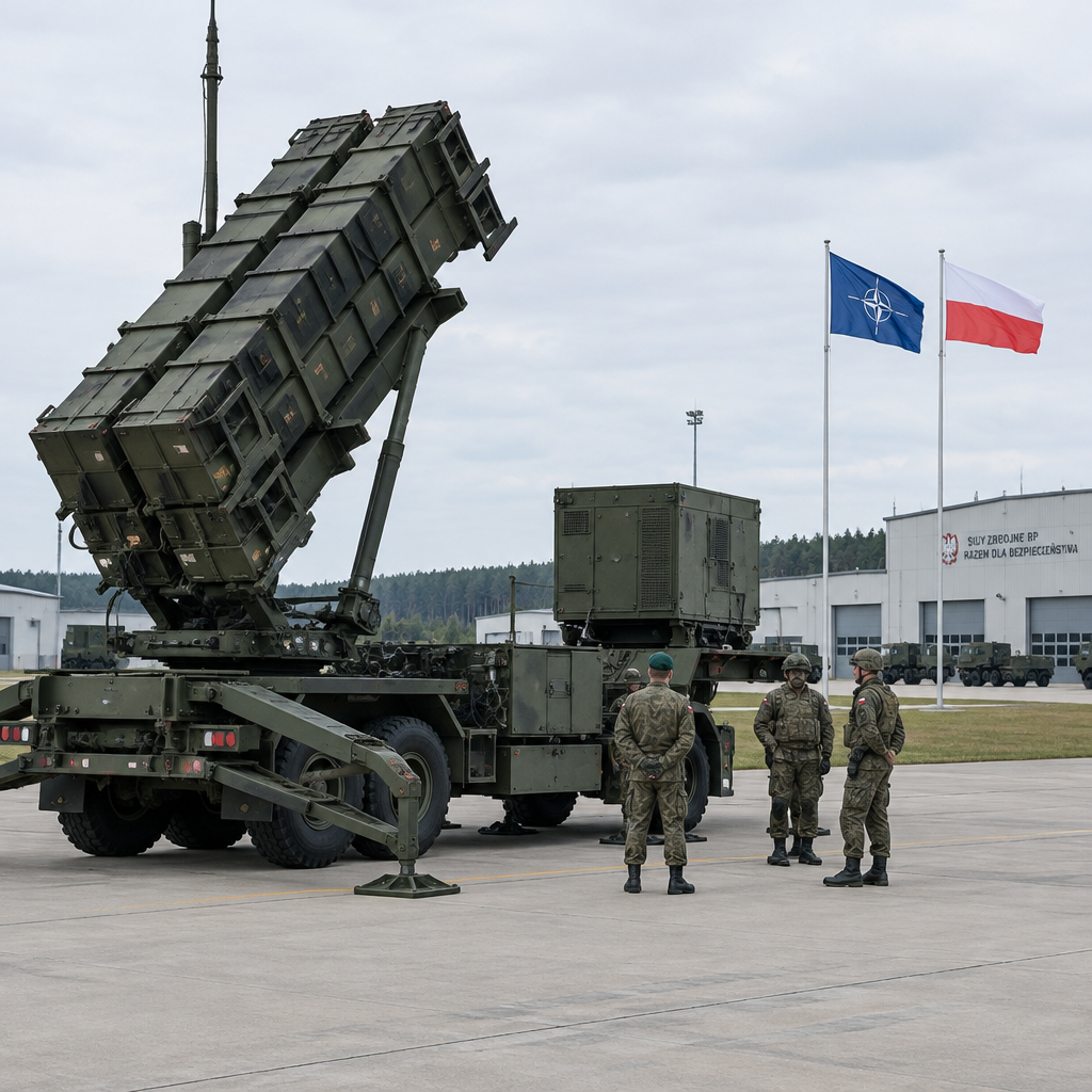 Military personnel stand near Patriot missile equipment at a Polish facility.