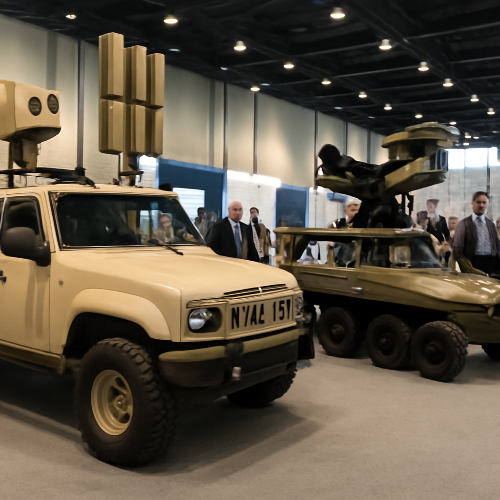 Vehicles with counter-drone systems on display at a convention center, with attendees walking around and examining the…