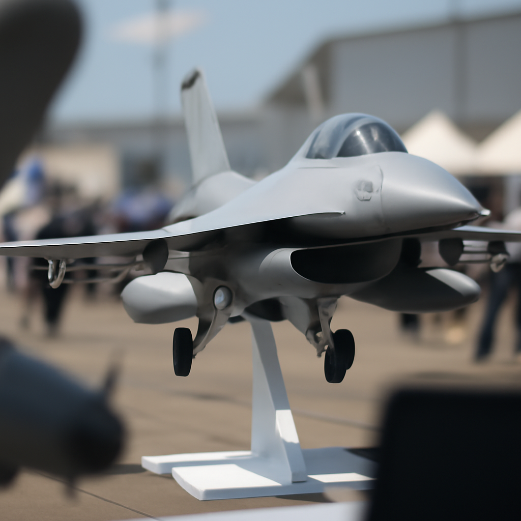 Fighter jet on display stand with blurred component in foreground at airshow.